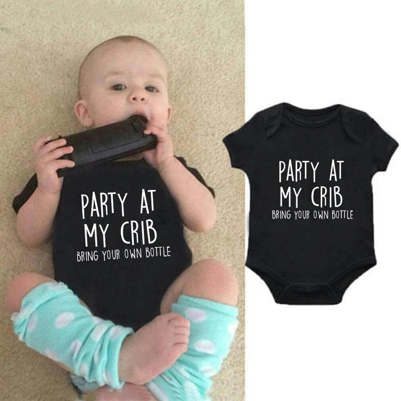 0-24M Newborn Infant Baby Boys Girls Bodysuit Clothes Party at my crib  Funny Casual Short Sleeve Playsuit Rompers