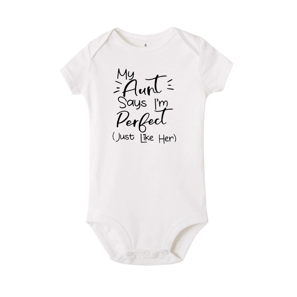 Tiny Casual Summer 2020 White  My Aunt Says I&#39;m Perfect Letter Print Newborn Bodysuits Summer Auntie Baby Clothes