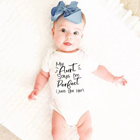 Tiny Casual Summer 2020 White  My Aunt Says I&#39;m Perfect Letter Print Newborn Bodysuits Summer Auntie Baby Clothes