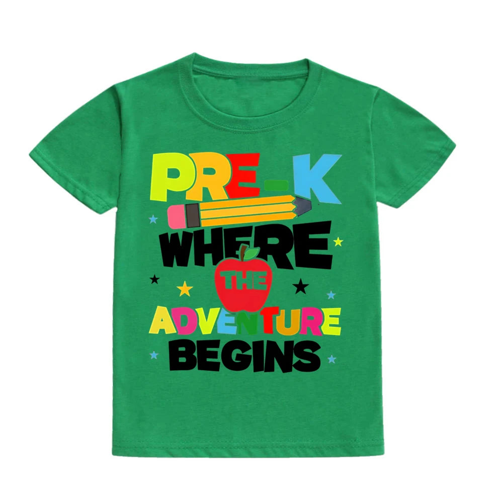 PRE-K WHERE THE ADVENTURE BEGINS Shirts Happy First Day of School Funny Tee Summer Casual Short Sleeved T-shirt