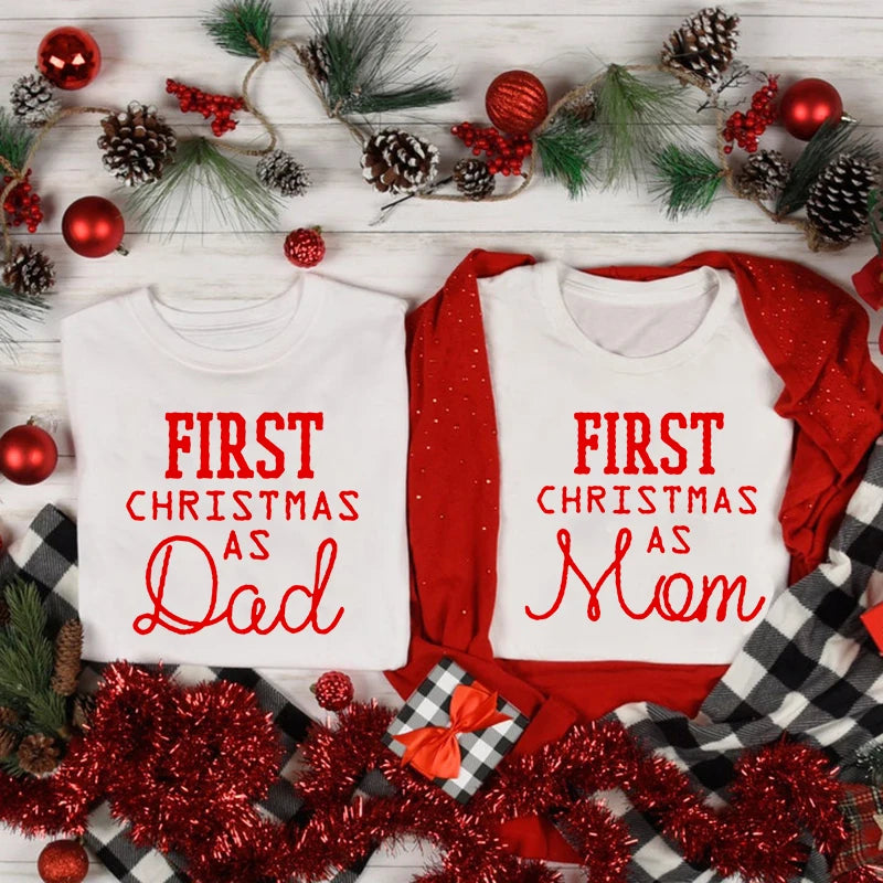 First Christmas As Dad and Mom Tshirt Baby Baby 1st Christmas Romper Family Look Infant Clothes Xmas New Year Festival Tops