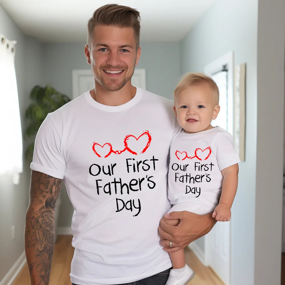 Our First Father's Day Together Family Outfit Letter Print Family Matching Set Casual Round Neck Matching Outfit Clothing