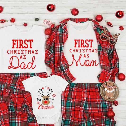 First Christmas As Dad and Mom Tshirt Baby Baby 1st Christmas Romper Family Look Infant Clothes Xmas New Year Festival Tops