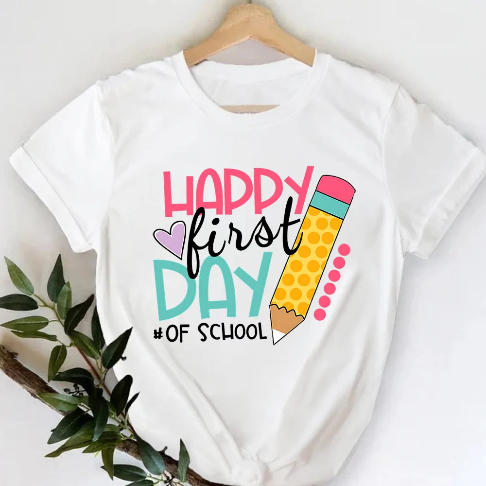 Happy First Day of School Shirt Gift for Teachers Kindergarten Teacher Shirts Women Back To School Funny TShirts Cute Tops