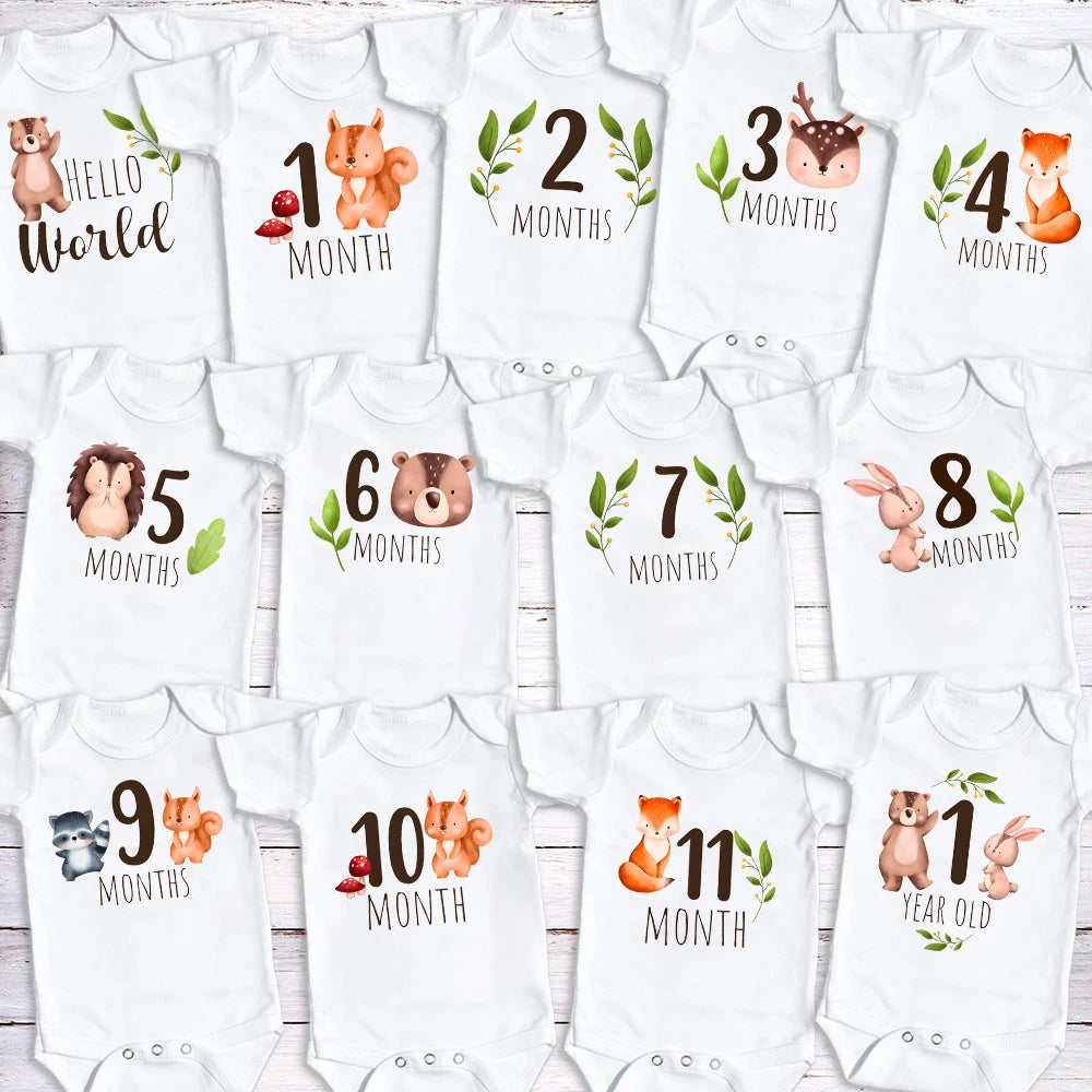 Cute Animal Printed Monthly Milestone Baby Romper 1-12 Month Newborn Bodysuit Photography Prop Outfit Clothes Infant Shower Gift