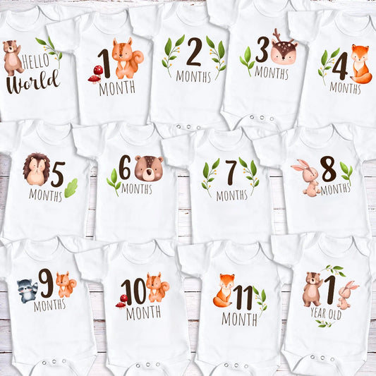 Cute Animal Printed Monthly Milestone Baby Romper 1-12 Month Newborn Bodysuit Photography Prop Outfit Clothes Infant Shower Gift