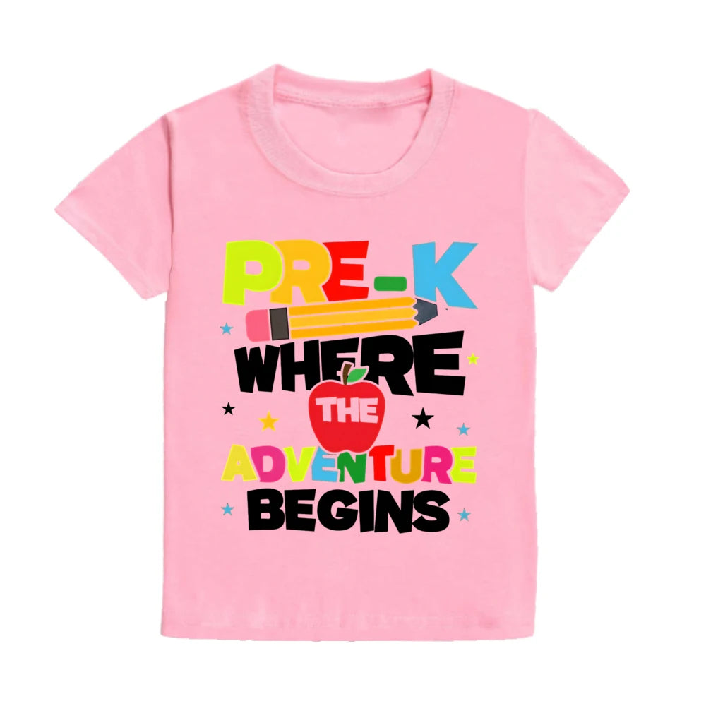 PRE-K WHERE THE ADVENTURE BEGINS Shirts Happy First Day of School Funny Tee Summer Casual Short Sleeved T-shirt